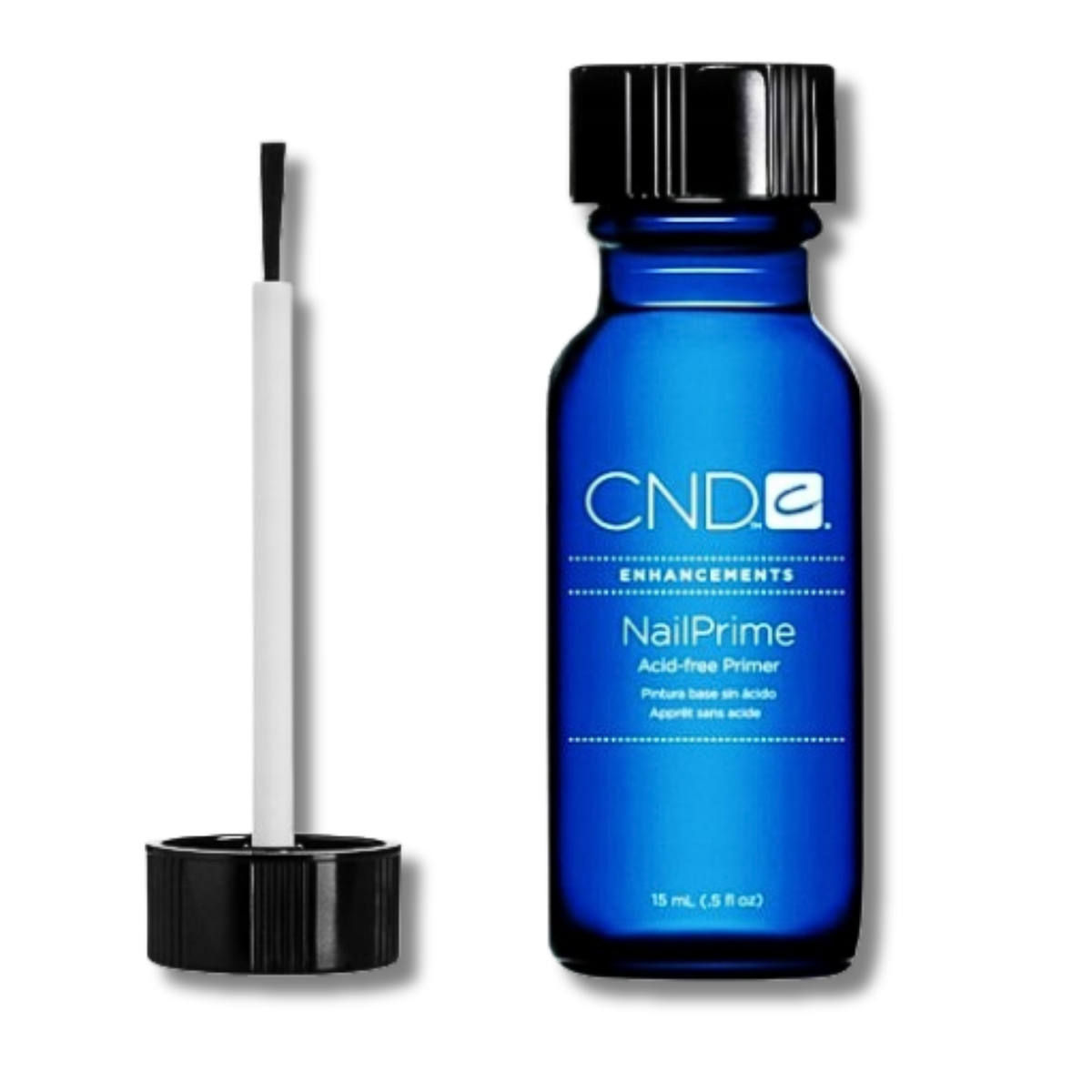 CND Enhancements NailPrime Acid-Resistant Primer in a cobalt blue bottle with a black cap, shown next to its applicator brush with a white handle and black cap on a white background.
