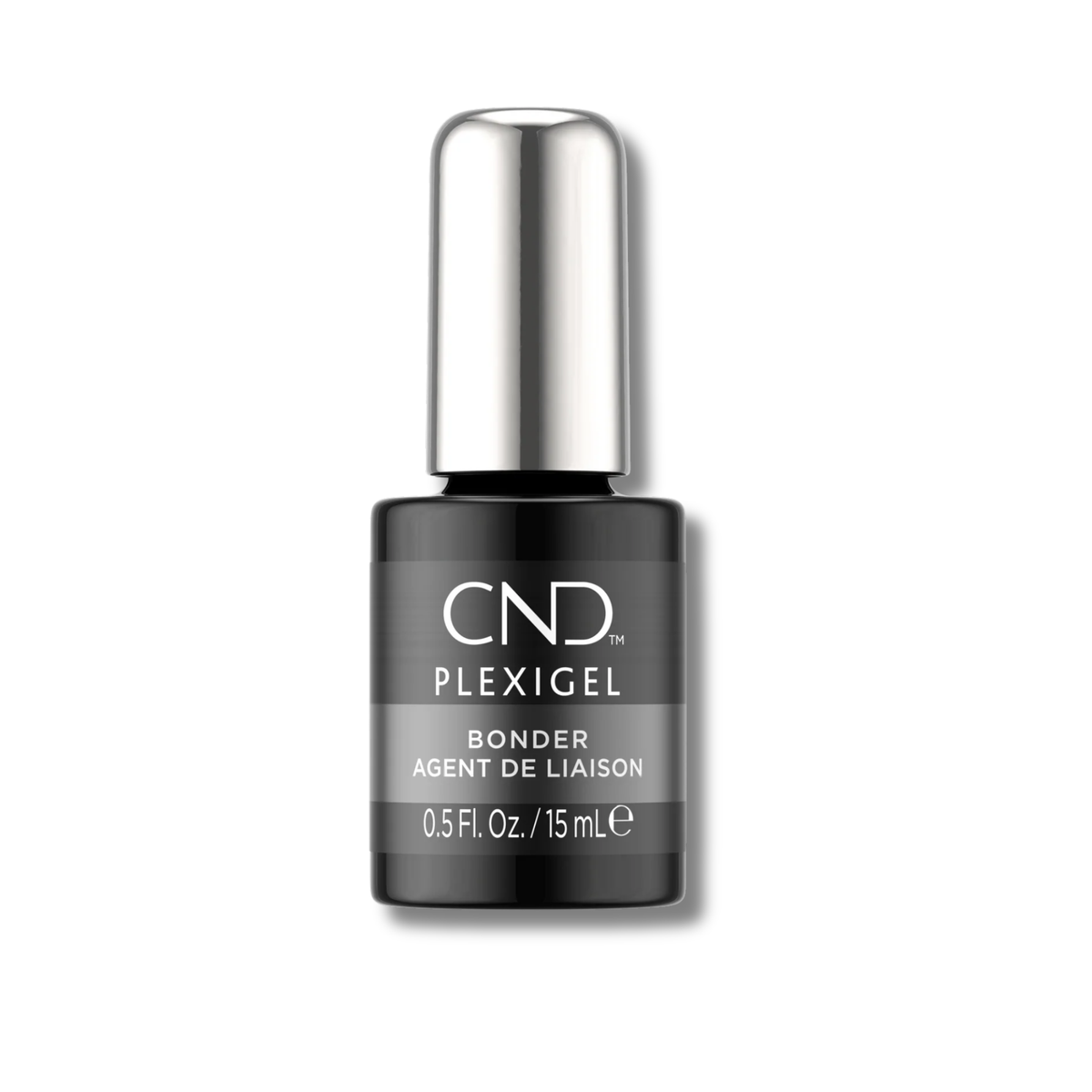 CND Plexigel Bonding Agent in a 0.5 fl. oz. black bottle with a metallic silver cap, shown on a white background.
