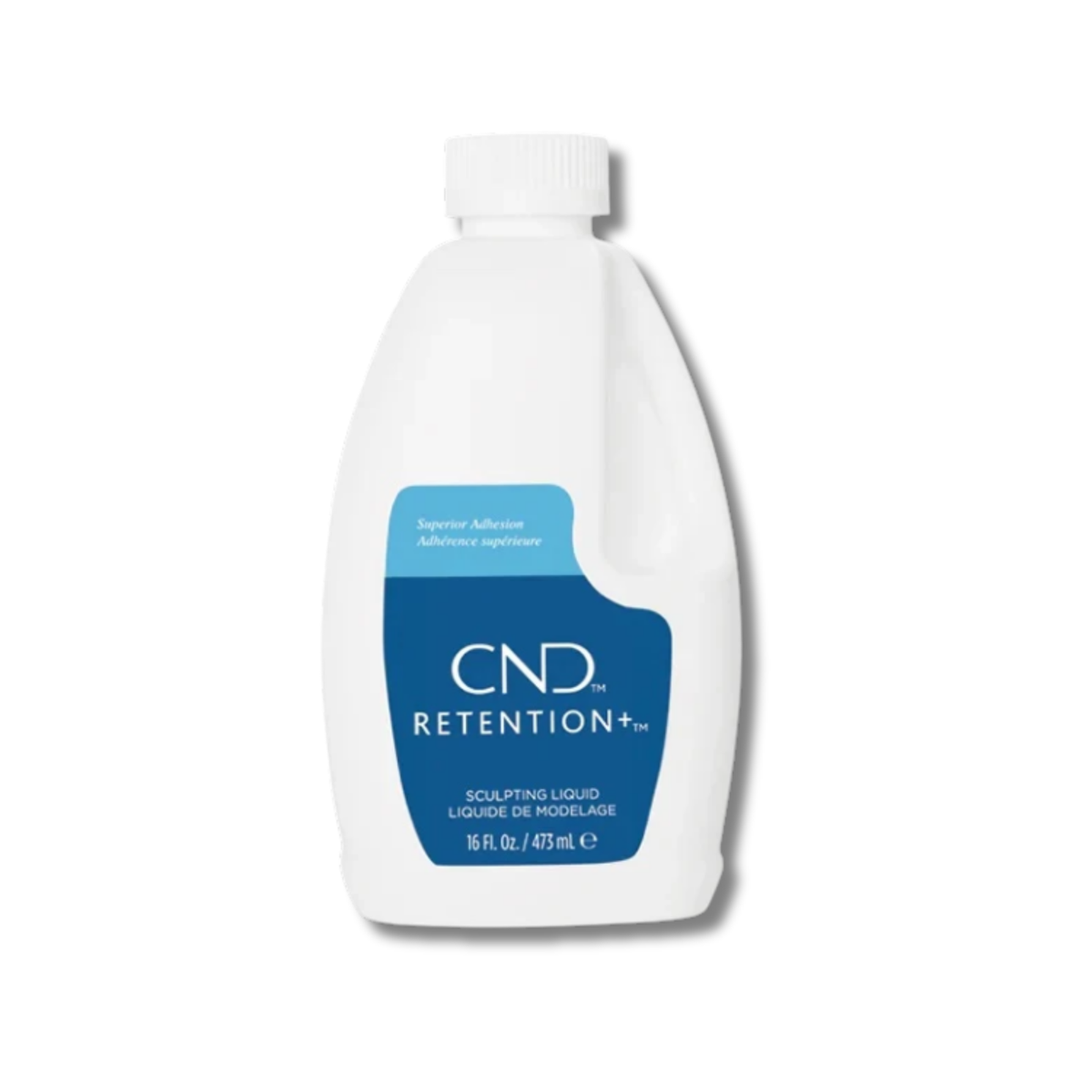 A white plastic bottle of CND Retention Sculpting Liquid with a blue and white label, shown on a plain white background.