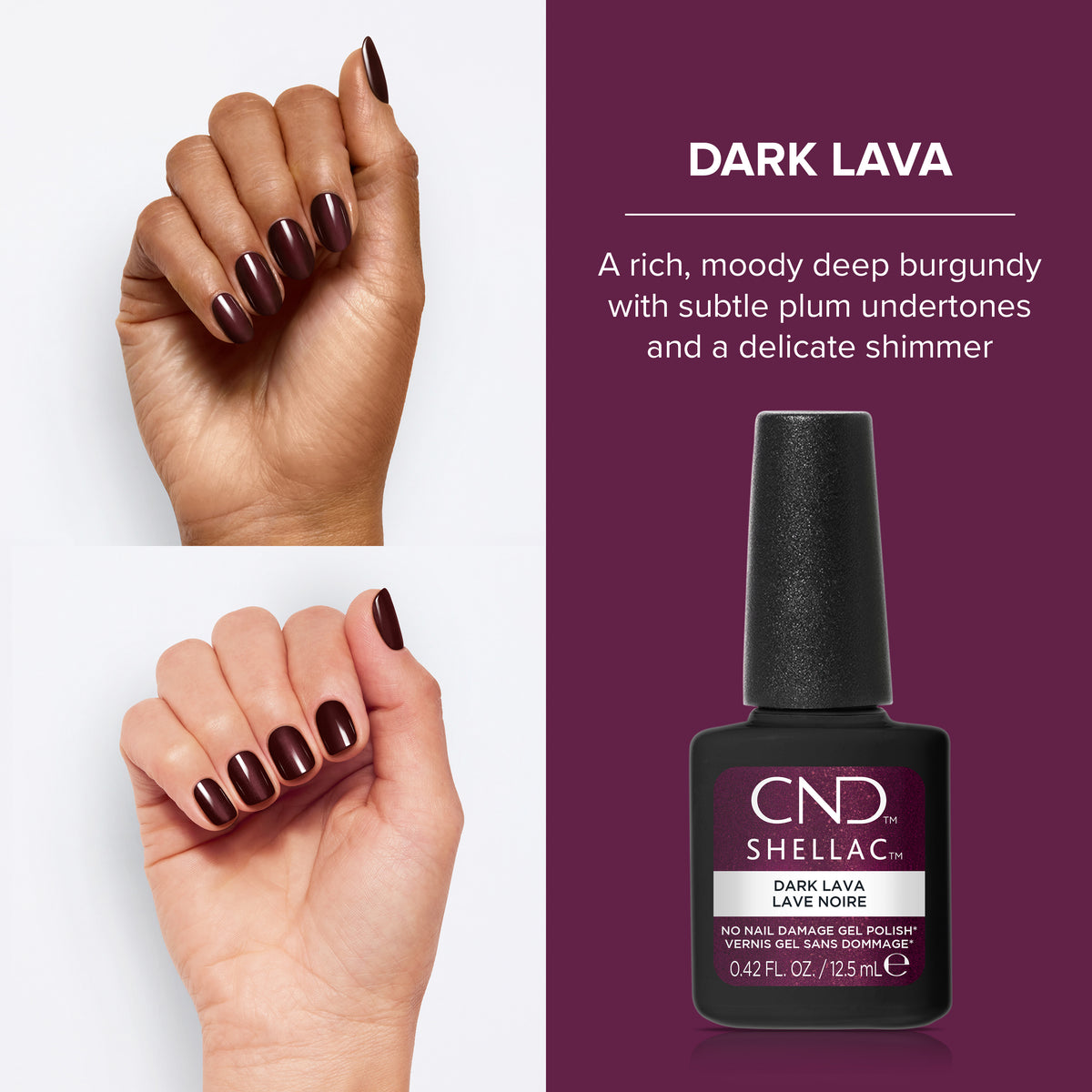 CND Shellac Dark Lava nail polish bottle shown beside two hands displaying the deep burgundy polish color, with descriptive text on a dark purple background.