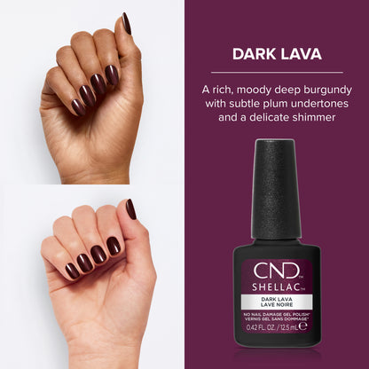 CND Shellac Dark Lava nail polish bottle shown beside two hands displaying the deep burgundy polish color, with descriptive text on a dark purple background.