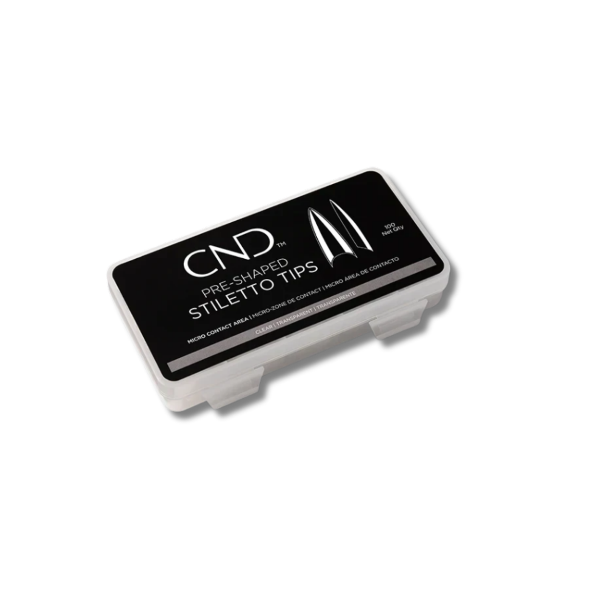 CND Pre-Shaped Stiletto Tips ink pad in a rectangular plastic case with a black label and white text, shown on a clean white background.