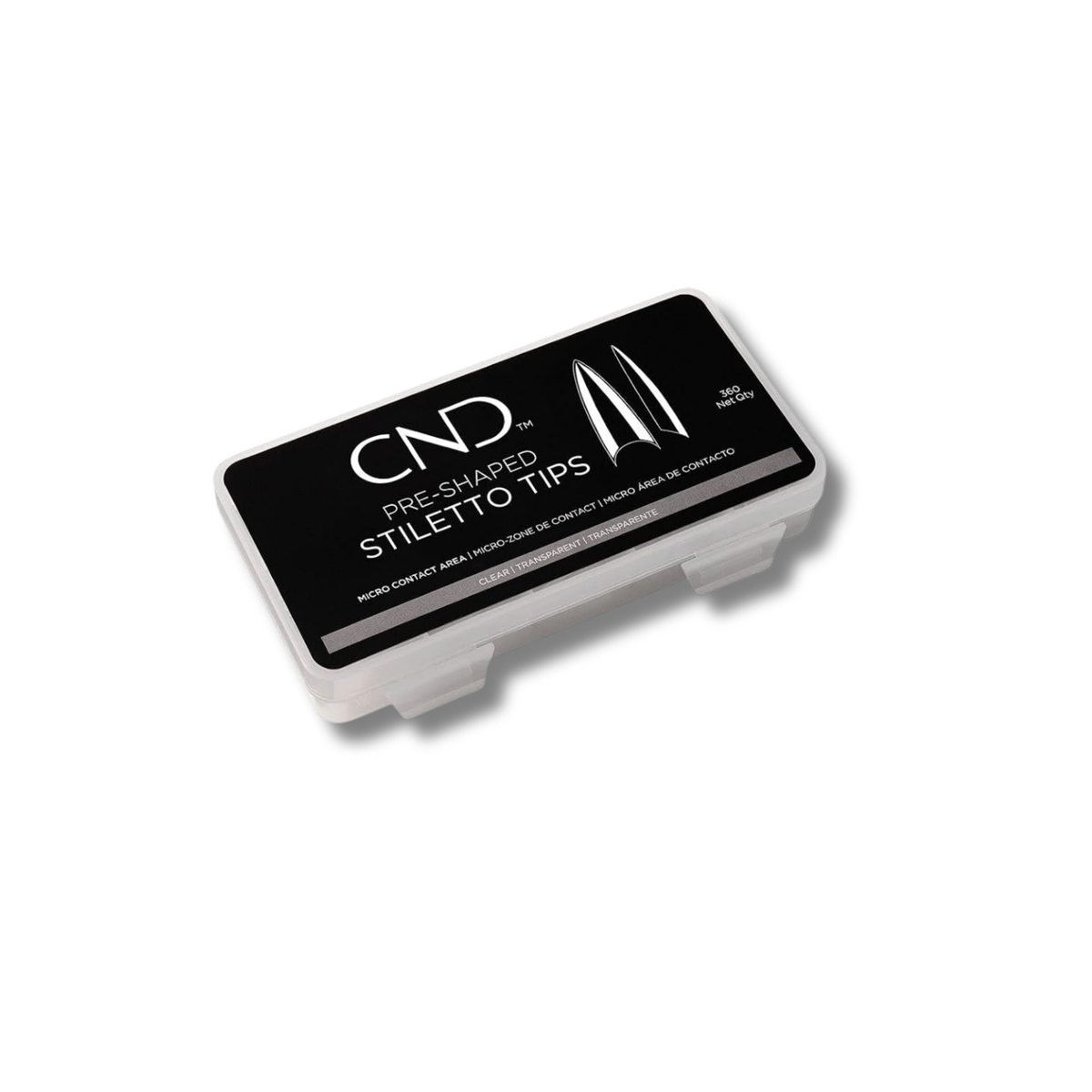 CND Pre-Shaped Coffin Tips in a clear plastic storage case with a black and white label, shown on a white background.