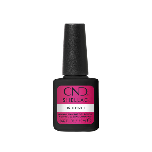 CND Shellac nail polish bottle with pink label on a white background