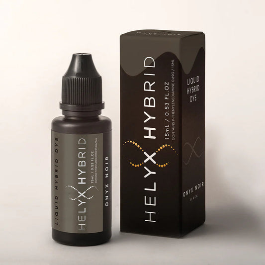 Helyx Hybrid liquid hybrid dye bottle and packaging on a light background