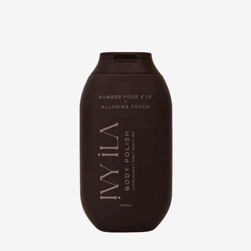 Brown bottle of IVILA body polish on a white background