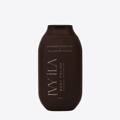 Brown bottle of IVILA body polish on a white background