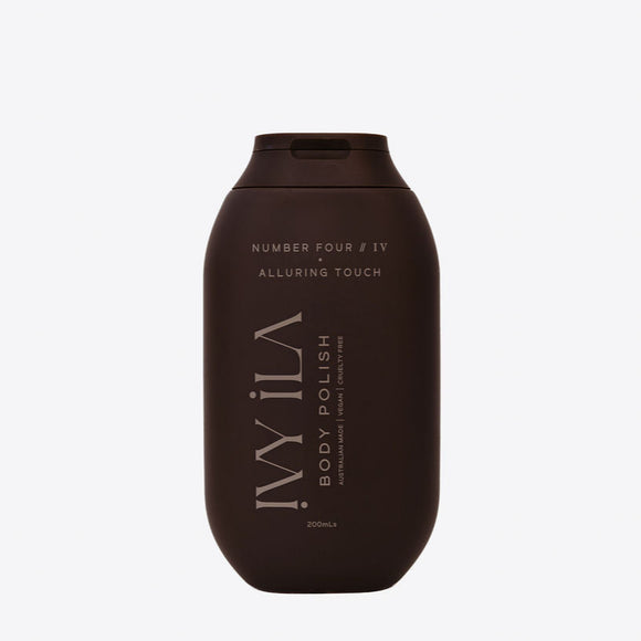 Brown bottle of IVILA body polish on a white background