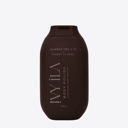 Brown bottle of 'Wila' body polish on a white background