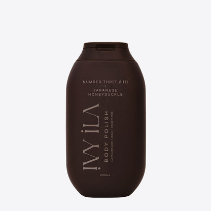 Brown bottle of body polish with text on a white background