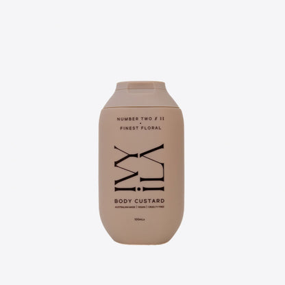 Beige bottle of body custard with black text on a white background