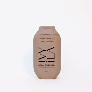 Body custard bottle labeled 'Number Five' with 'Lime + Coconut' on a white background