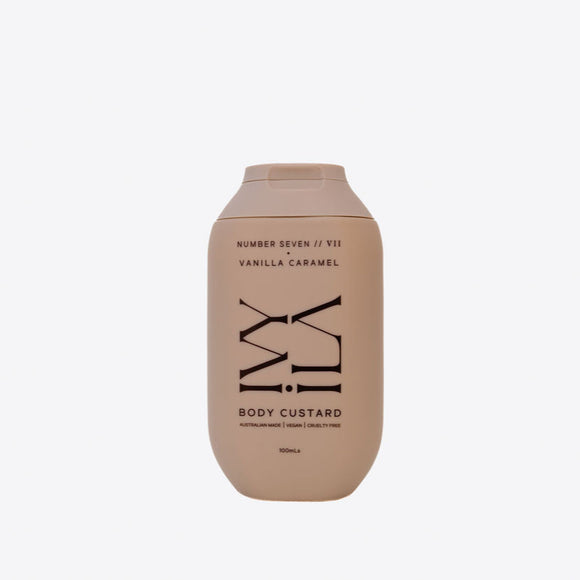 Beige bottle of 'Number Seven Vanilla Caramel Body Custard' on a white background