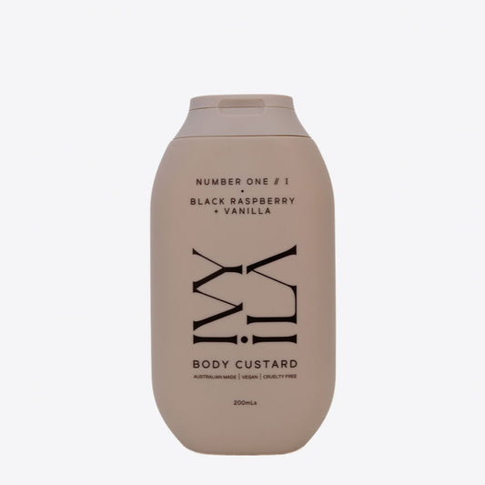 Body custard bottle with branding on a white background