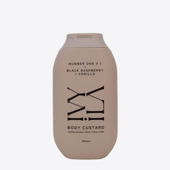 Body custard bottle with branding on a white background