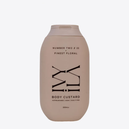 Body custard bottle labeled 'Number Two F II Finest Floral' on a white background