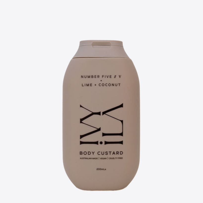 Body custard bottle labeled 'Number Five' with 'Lime + Coconut' on a white background