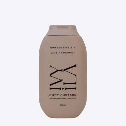 Body custard bottle labeled 'Number Five' with 'Lime + Coconut' on a white background
