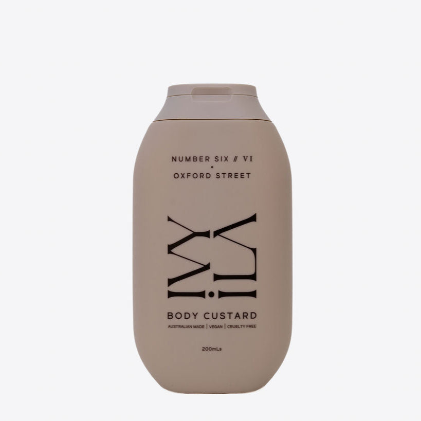Beige body custard container with black text on a white background