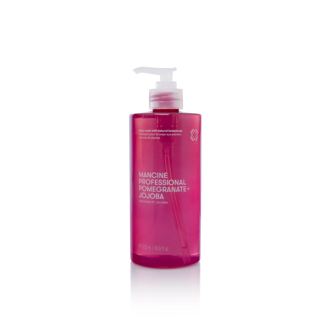 Pink bottle with pump dispenser on a white background