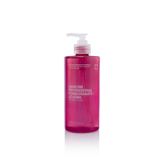Pink bottle with pump dispenser on a white background