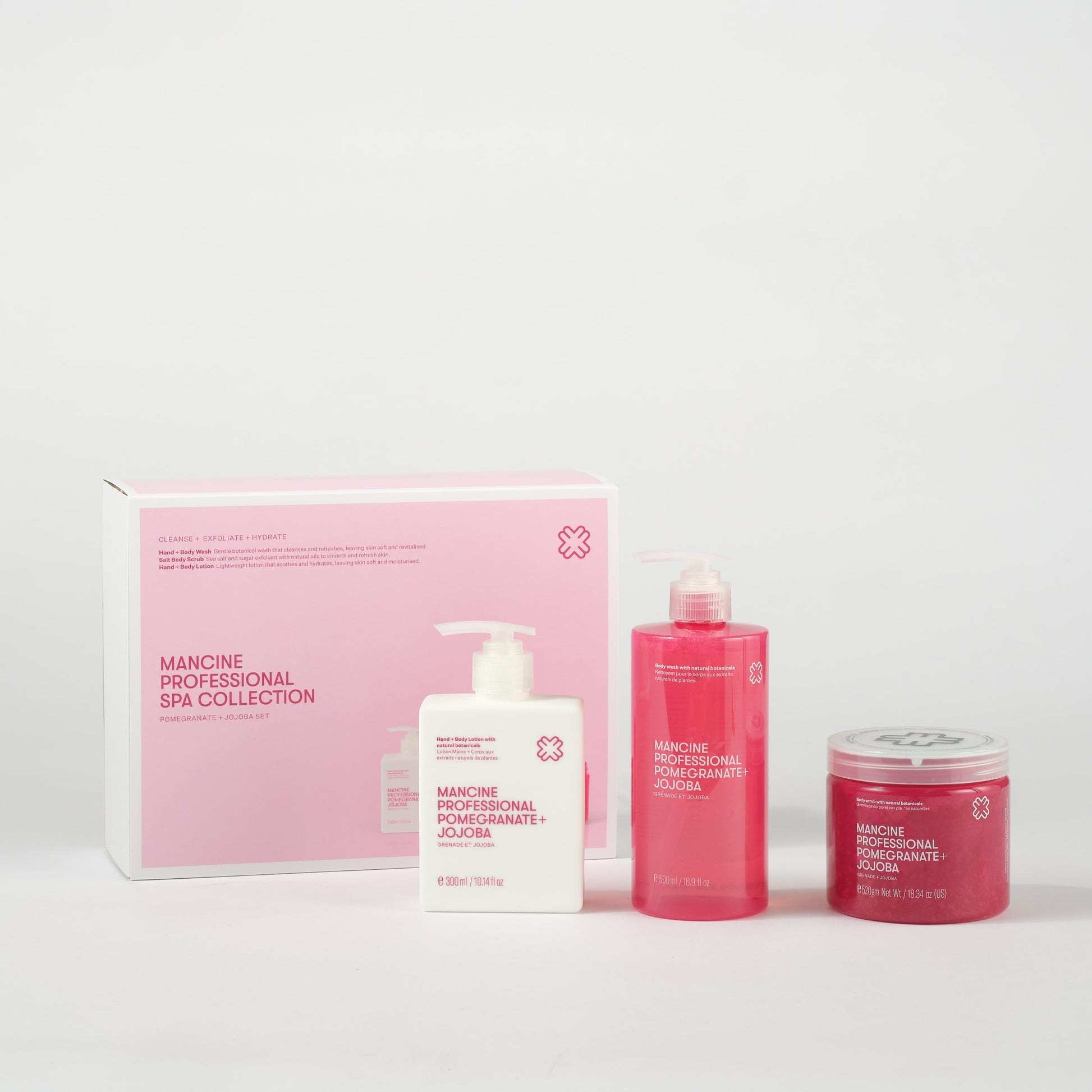 Mancine Professional Spa Collection with pink packaging and bottles on a white background