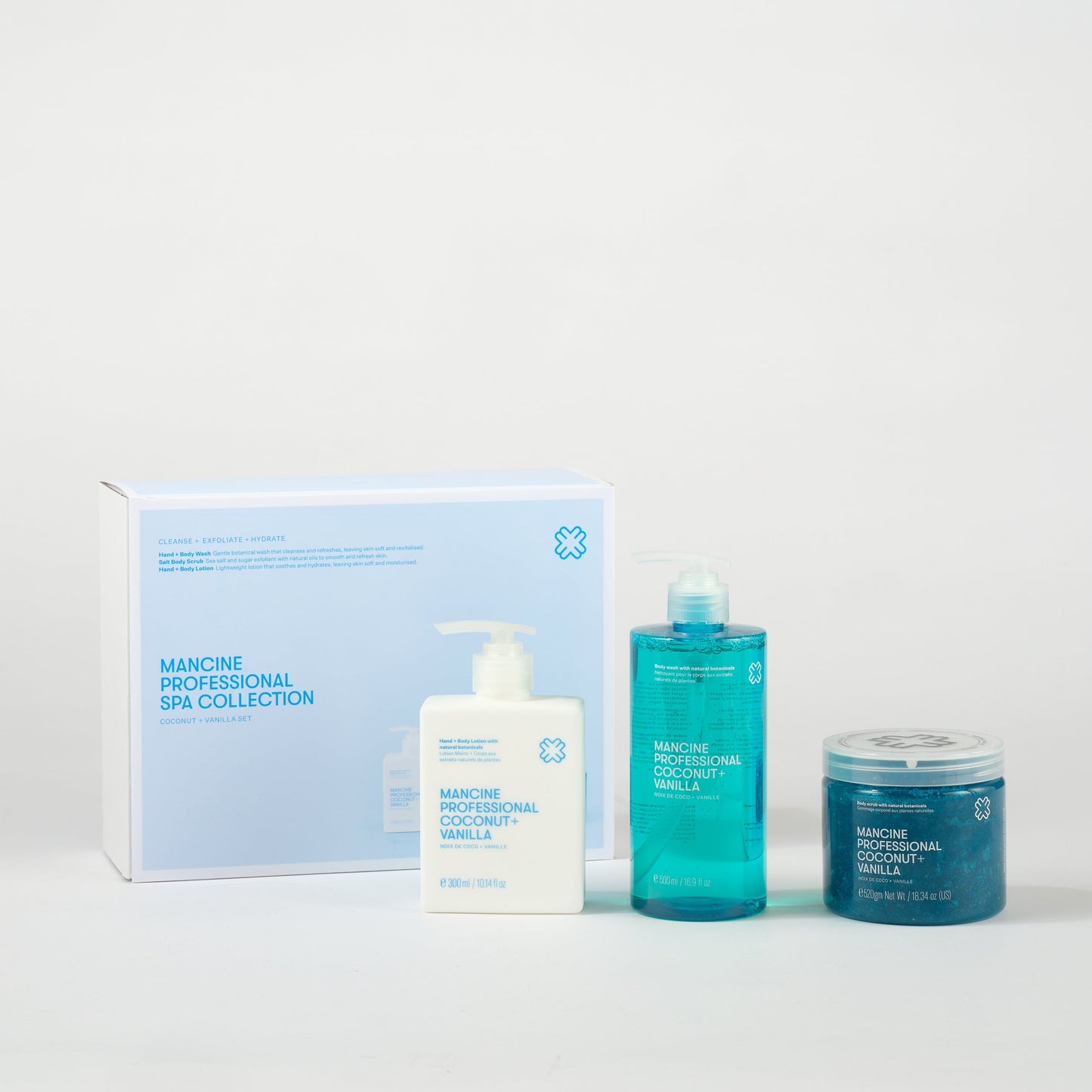 Manege professional spa collection with bottles and a box on a white background