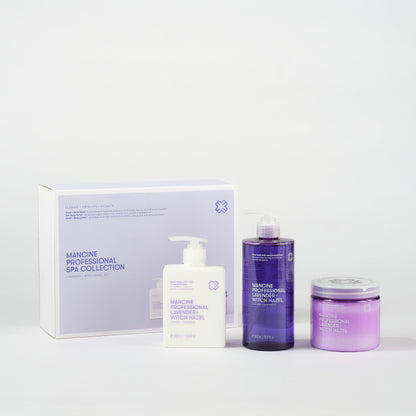 Set of skincare products including bottles and a jar on a white background