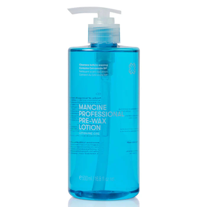 Blue bottle of Mancine Professional Pre-Wax Lotion on a white background