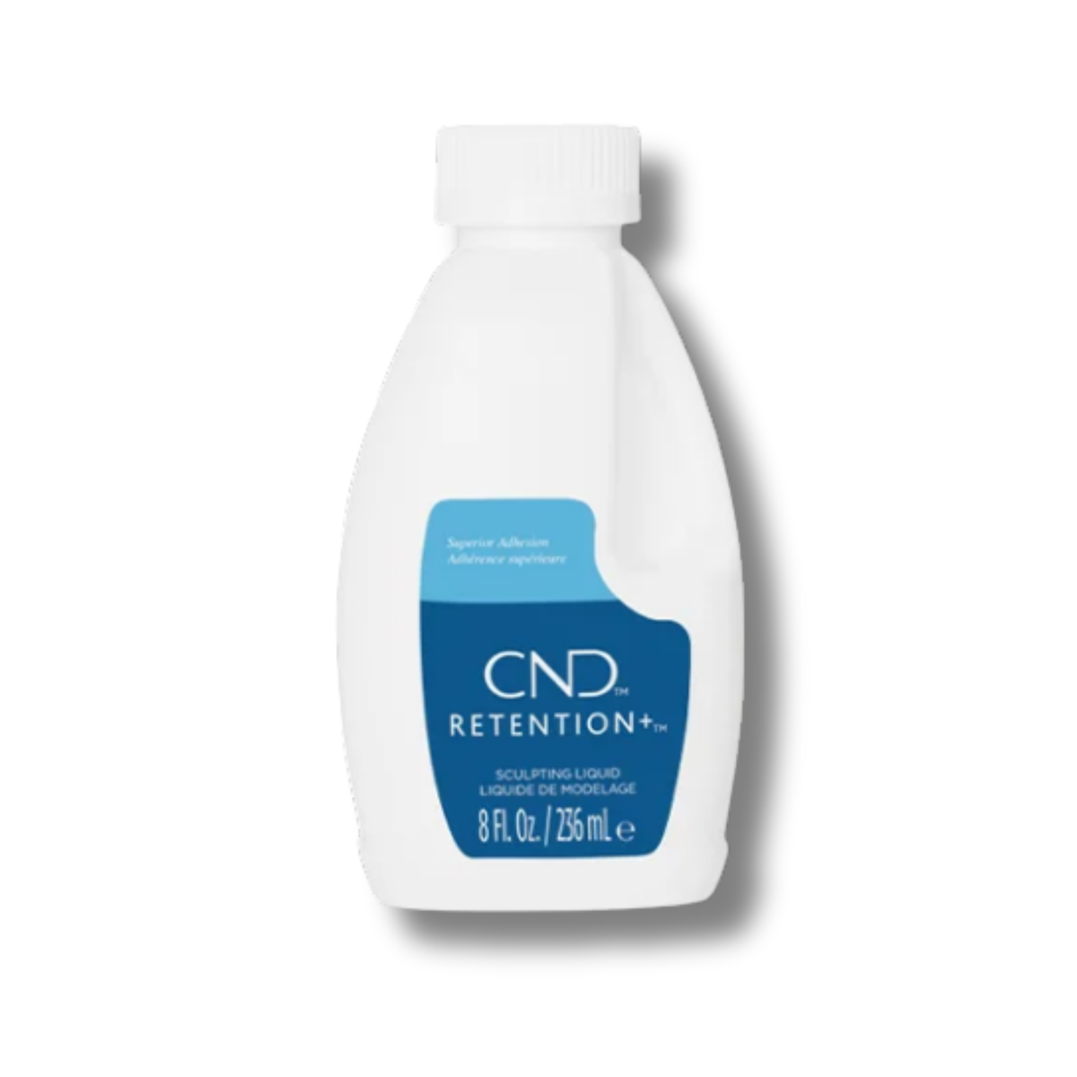 A white plastic bottle of CND Retention+ sculpting liquid with a blue and white label, shown on a white background with a soft shadow.