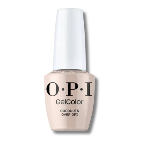 OPI GelColor Coconuts Over OPI nail polish in a beige shade, shown in a white cap bottle against a white background.
