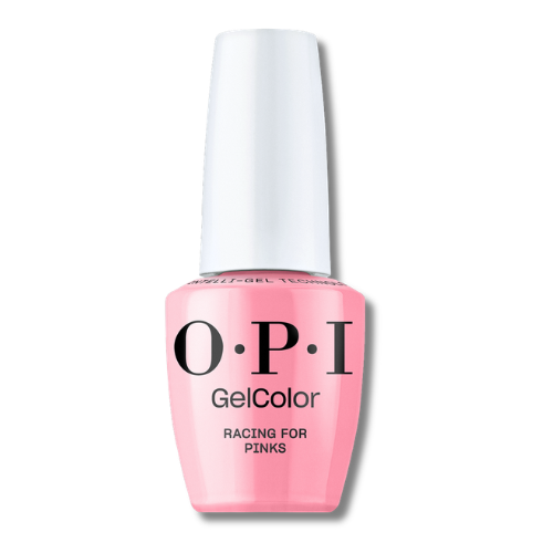 A bottle of OPI GelColor nail polish in the shade 'Racing For Pinks', featuring a light pink bottle and a white cap on a white background.