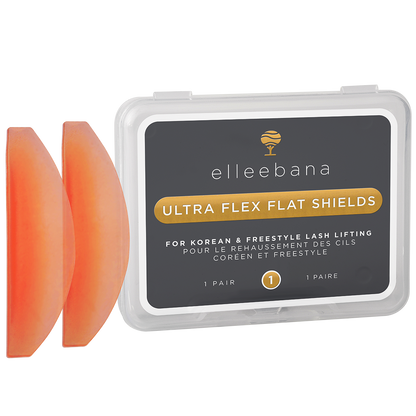 Sheets of orange ultra flex flat shields with a branded container on a white background