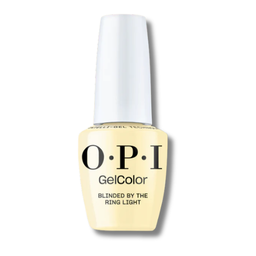 OPI GelColor nail polish in the shade 'Blinded by the Ring Light', featuring a pale yellow bottle and a white cap on a white background.