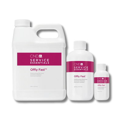 Three white plastic bottles of CND Service Essentials Offly Fast moisturizer in different sizes, arranged from largest to smallest on a white background.