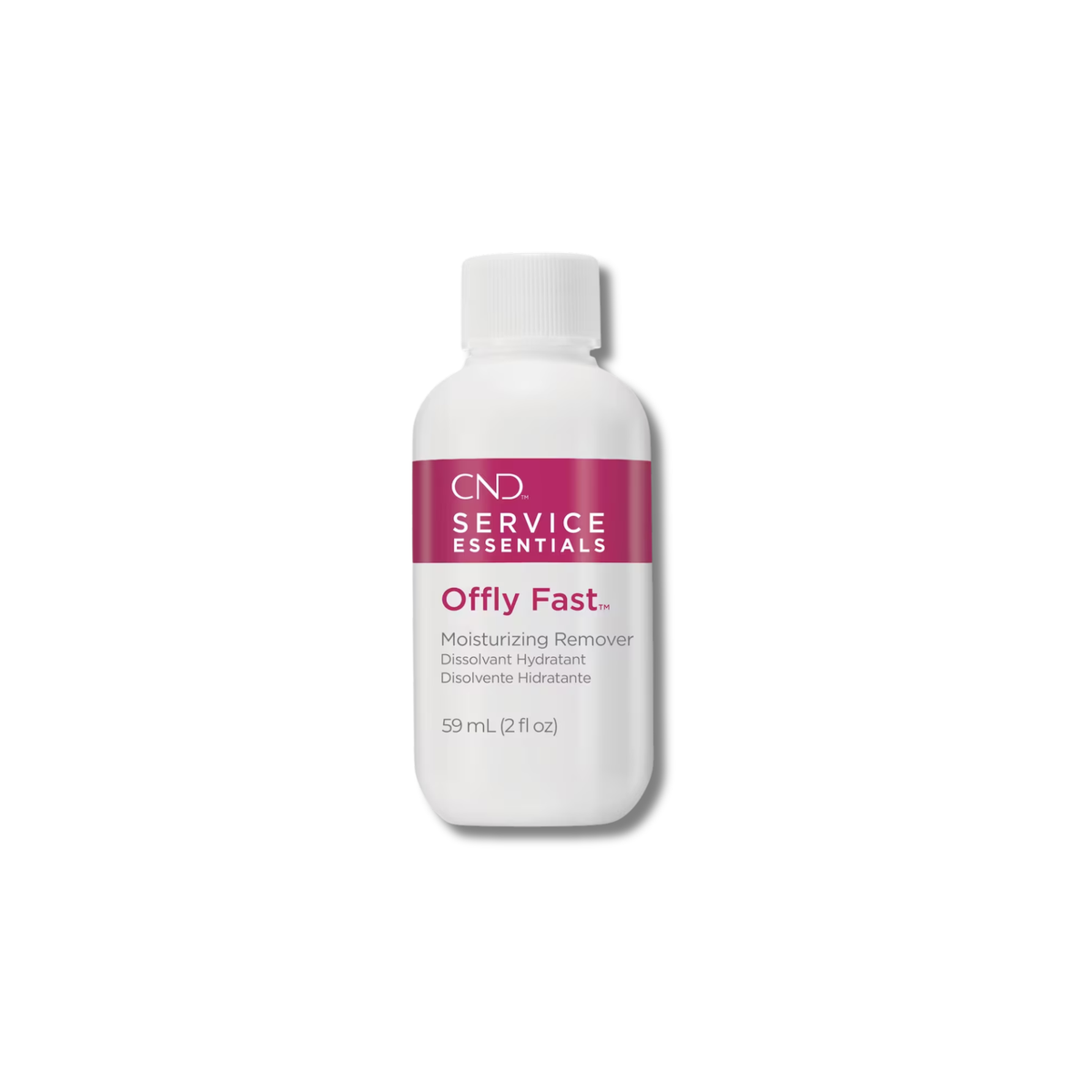 A white plastic bottle of CND Service Essentials Offly Fast Moisturizing Remover, featuring a magenta label, on a clean white background.