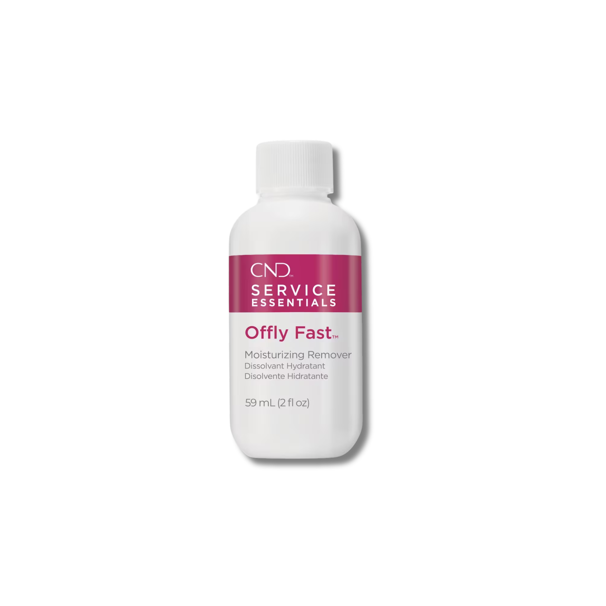 A white plastic bottle of CND Service Essentials Offly Fast Moisturizing Remover, featuring a magenta label, on a clean white background.