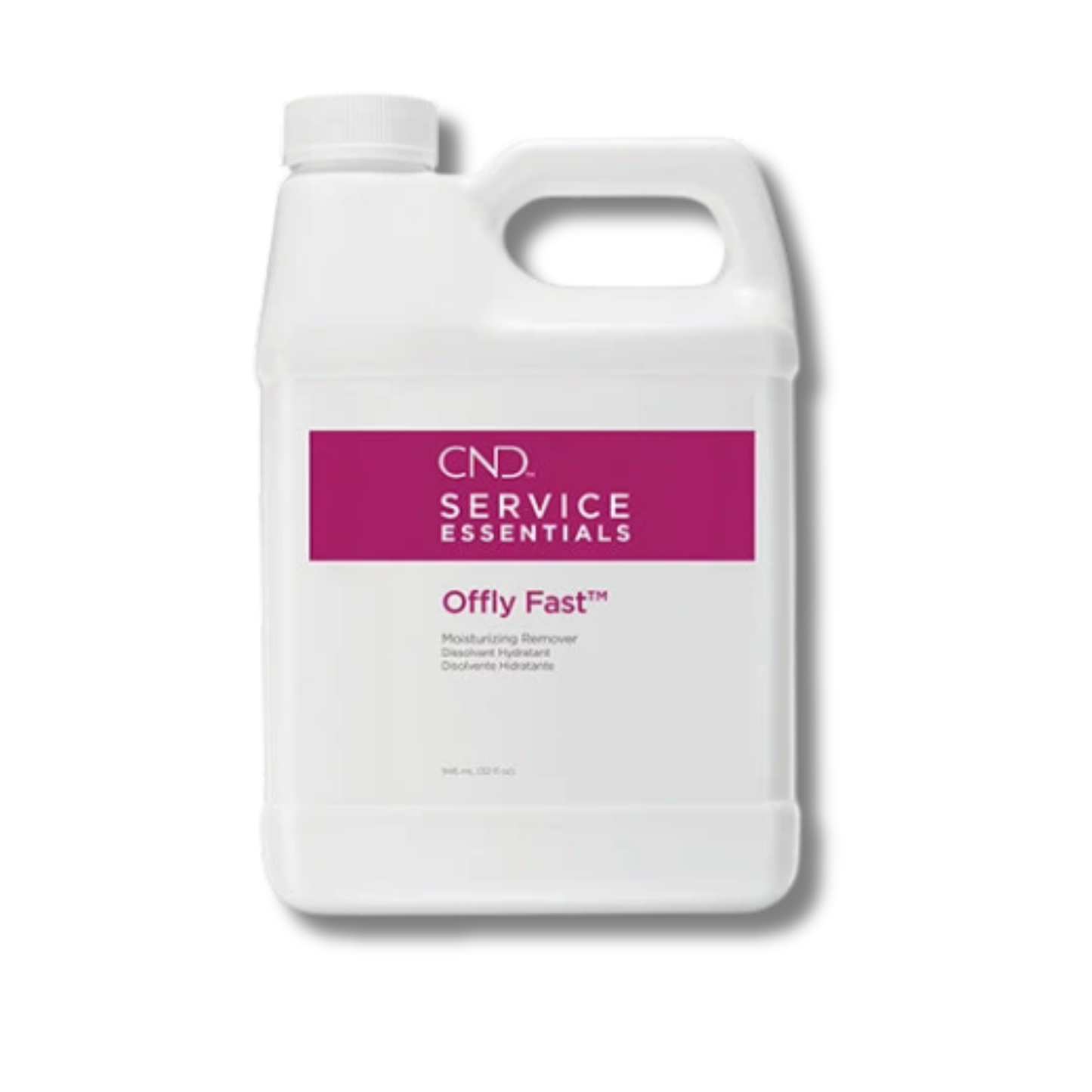 A white plastic bottle of CND Service Essentials Offly Fast moisturizing remover, featuring a magenta label on a white background.