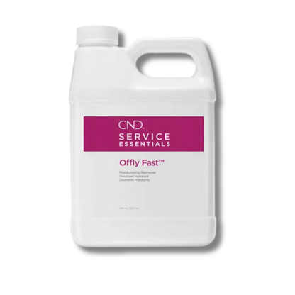 A white plastic bottle of CND Service Essentials Offly Fast moisturizing remover, featuring a magenta label on a white background.