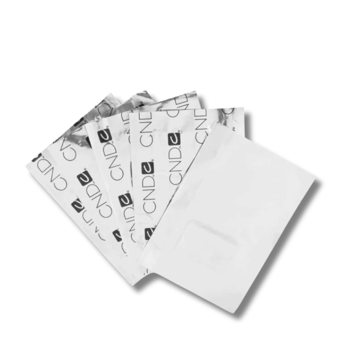 Five white sterile medical pouches, including one open front pouch showing a clear window, fanned out on a white background. Several sealed pouches feature a repeating black logo pattern that reads 'CND'.