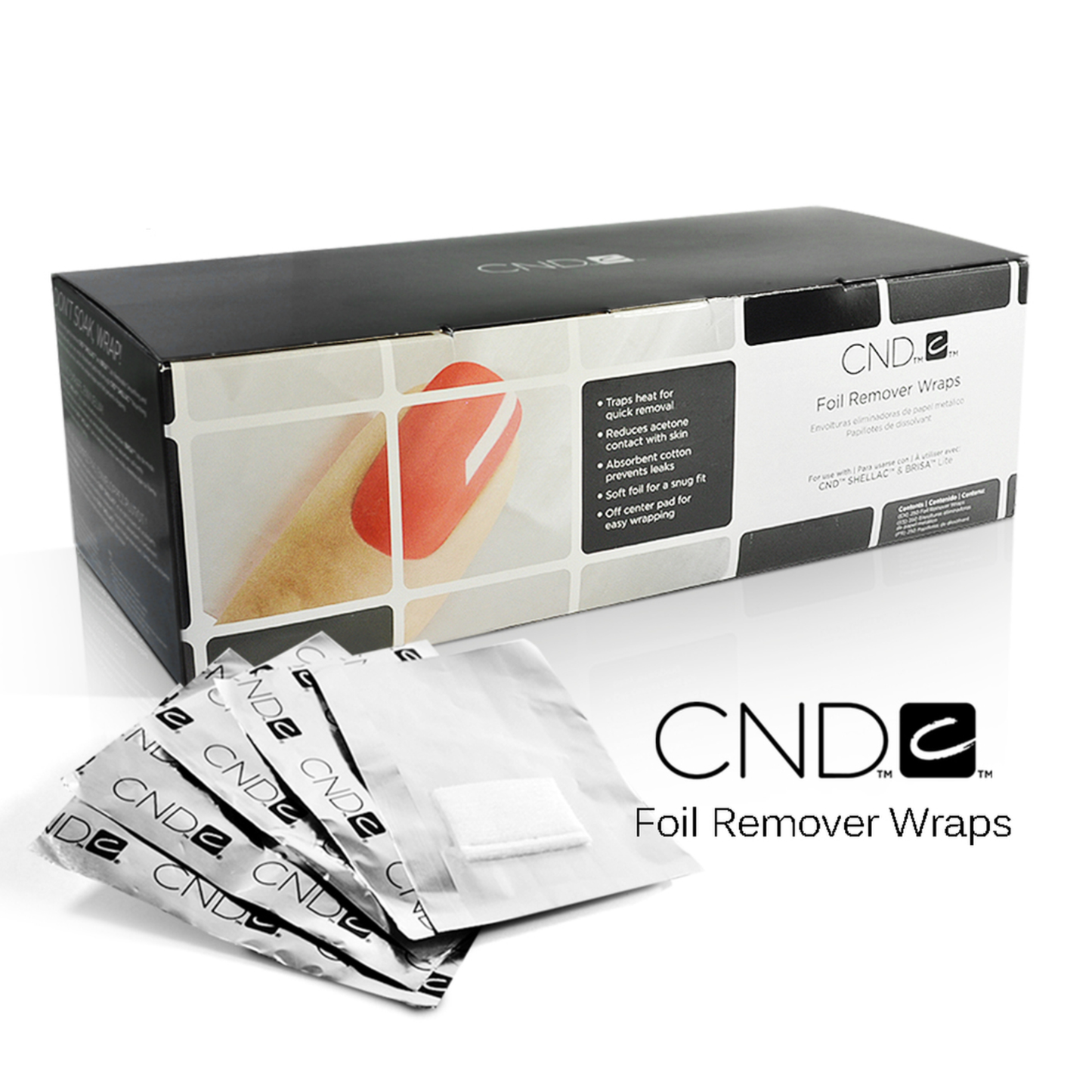 CND Foil Remover Wraps product box with several foil packets and a small white square wrap displayed in front on a clean white background.