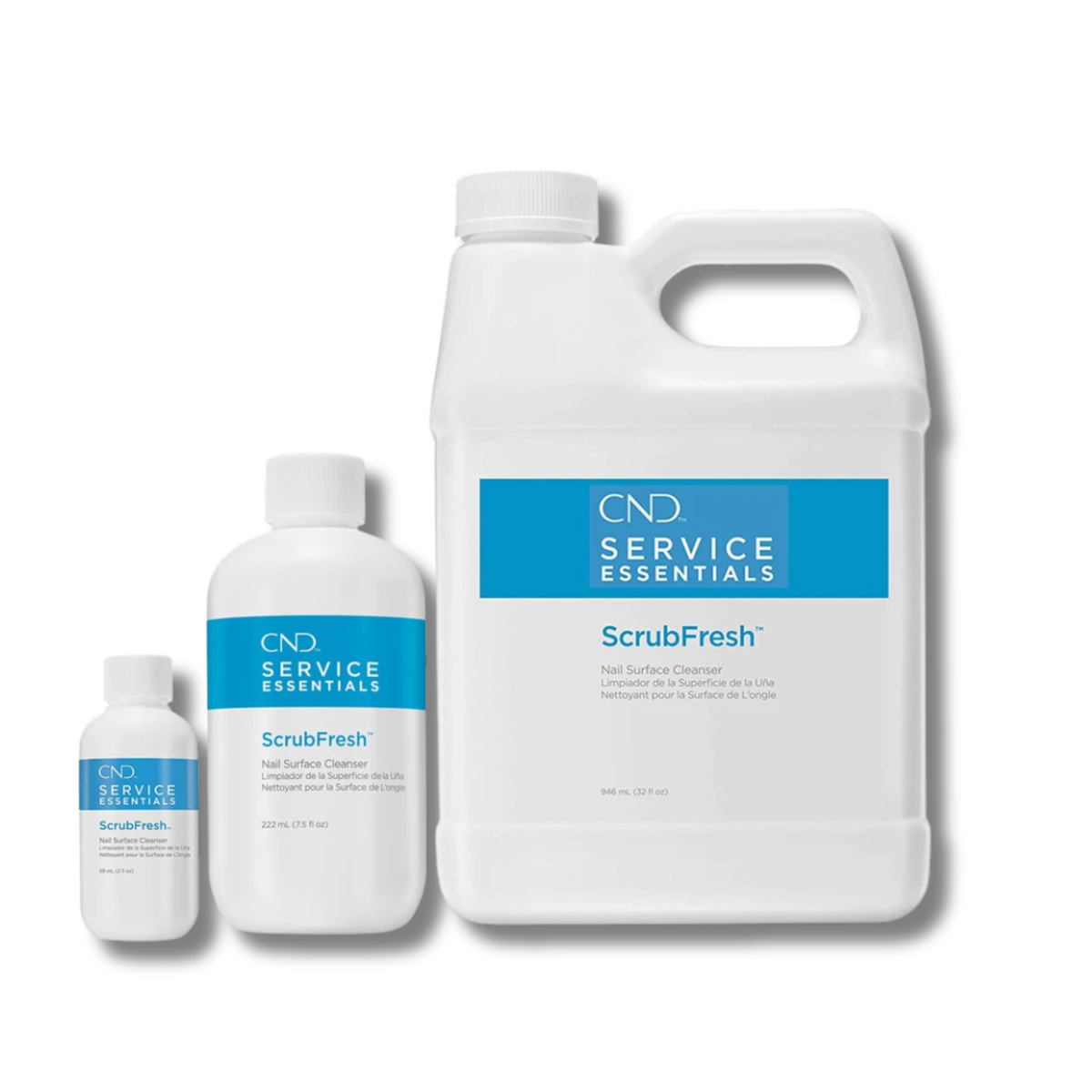 Three white plastic bottles of CND Service Essentials ScrubFresh high surface cleaner in different sizes, arranged from smallest to largest on a white background.