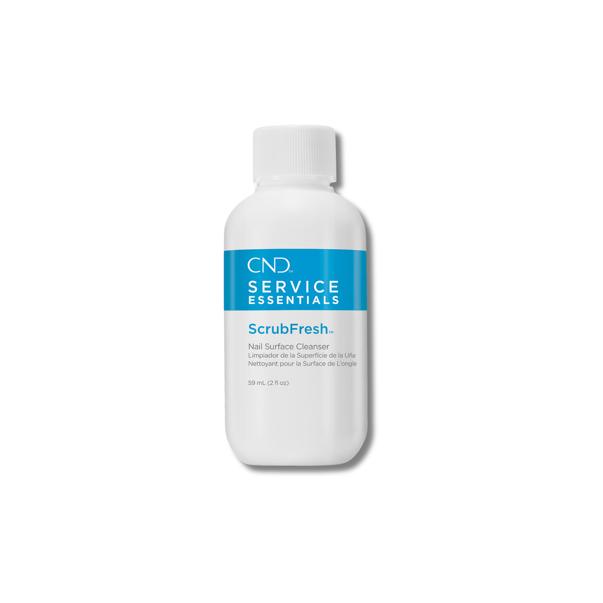 A white plastic bottle of CND Service Essentials ScrubFresh nail surface cleaner, featuring a blue and white label, centered on a plain white background.