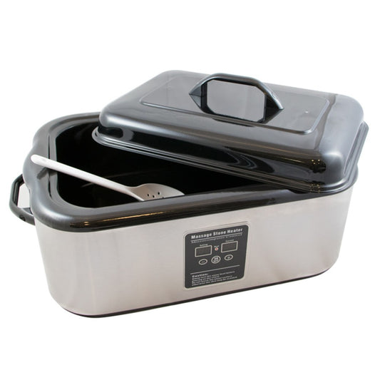 Stainless steel massage stone heater with black lid on a white background