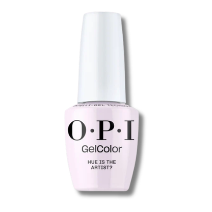 OPI GelColor nail polish in the shade 'Hue Is The Artist?', featuring a light pastel pink bottle and a white cap, shown on a clean white background.