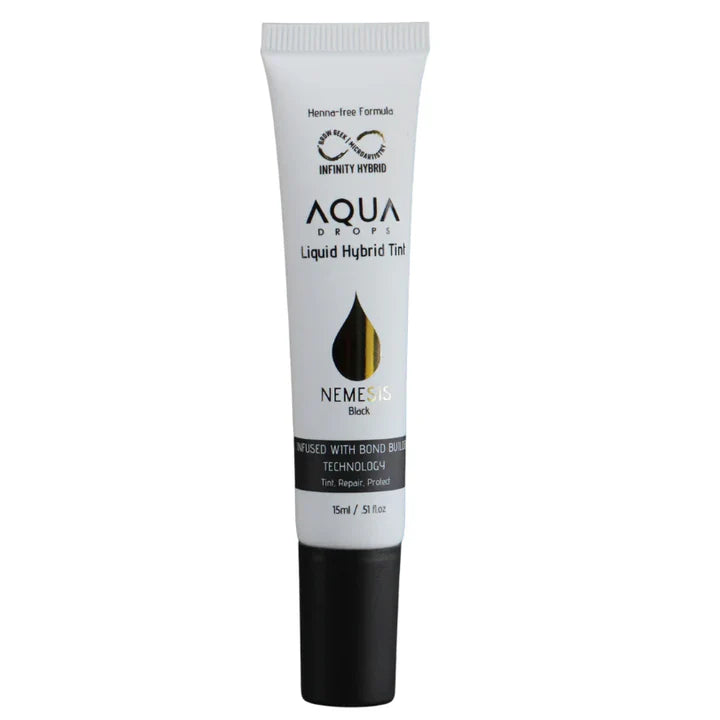 Aqua Drops Nemesis Black liquid hybrid tint tube on a white background
