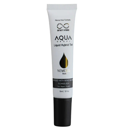 Aqua Drops Nemesis Black liquid hybrid tint tube on a white background