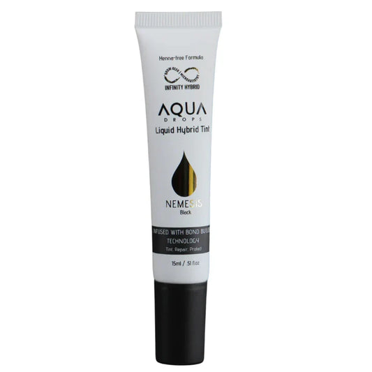 Aqua Drops Nemesis Black liquid hybrid tint tube on a white background