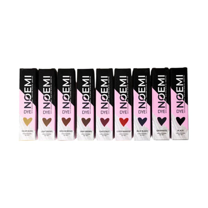 Row of Noemi dye packaging on a white background