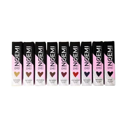 Row of Noemi dye packaging on a white background